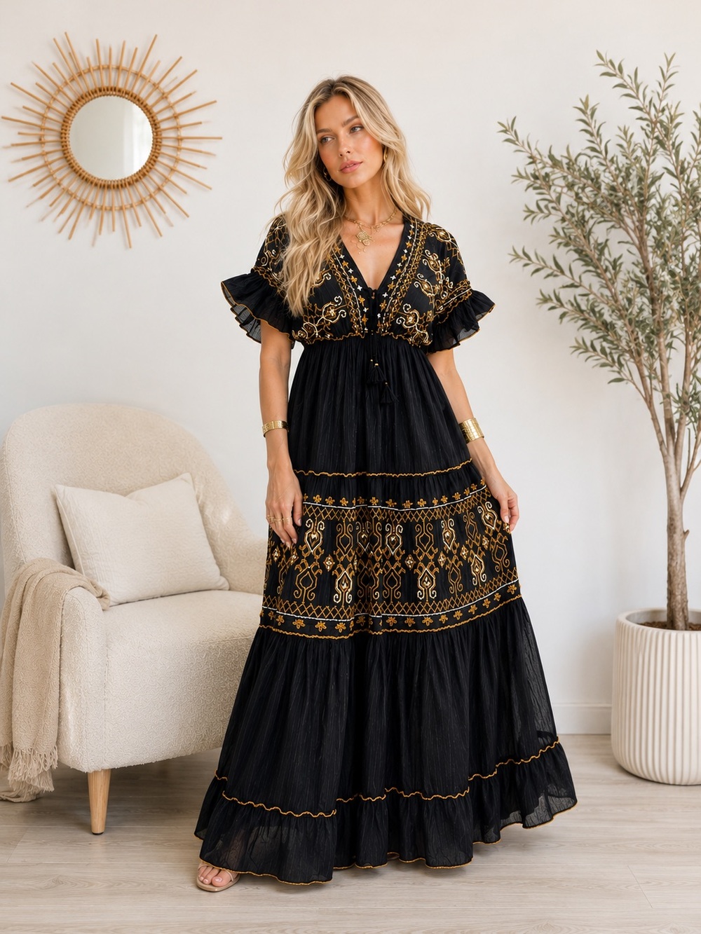 116. FROM EUROPE/Black Embroidered Boho Maxi Dress Tassel embellishment